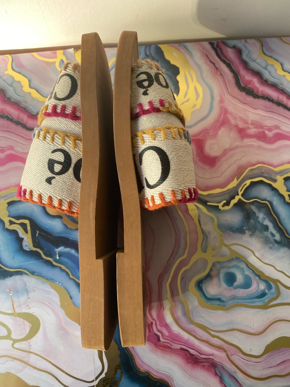 Chloe Woody Embroidered Canvas Logo Flat Slide Sandal Size 38 US 8 Boho - Picture 8 of 12